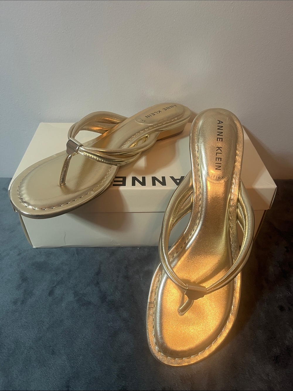 Anne Klein Metallic Gold Strap Thong Sandals